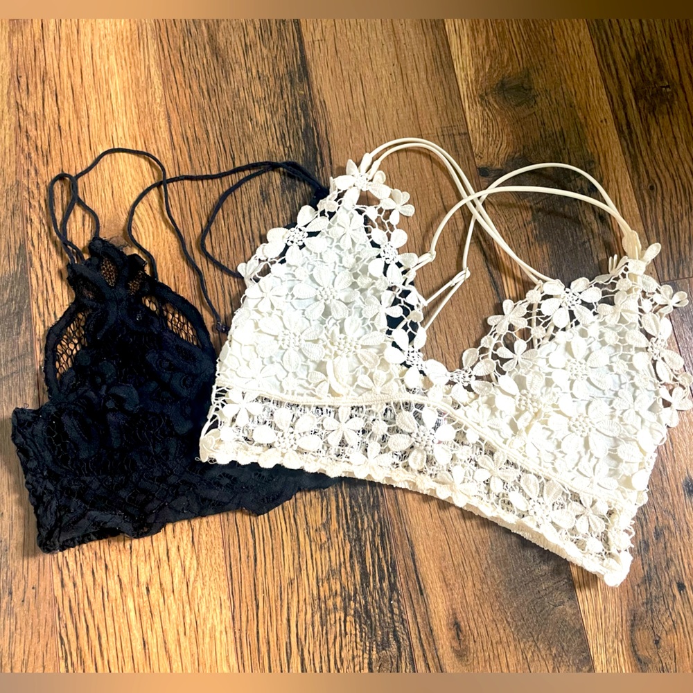 Free People Bralettes- set of 2, floral crochet, stretchy, ivory and black